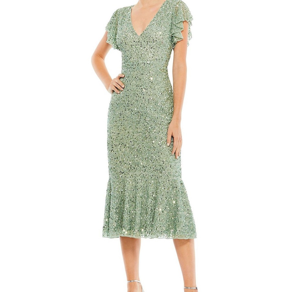 Sequined V Neck Flutter Cap Sleeve Trumpet Dress